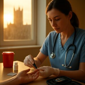 Nurse performing finger-prick diabetes blood test in sunlit Canterbury clinic with cathedral view