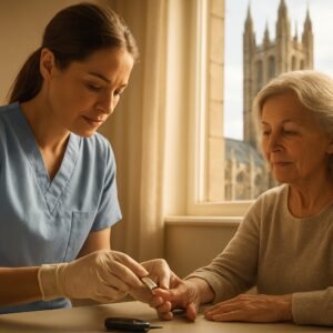 Nurse performing diabetes blood glucose test in sunlit Canterbury clinic with cathedral view