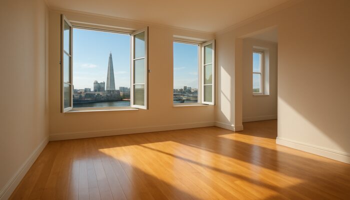 Empty sunlit Southwark apartment with gleaming floors and Thames views after hassle-free end of tenancy clearance.