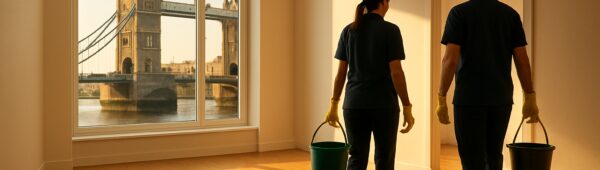 Sunlit empty Southwark flat with Tower Bridge view after professional end-of-tenancy cleaning.