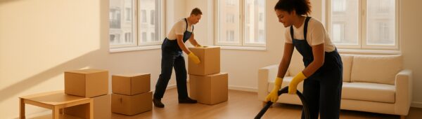 Bright empty Southwark apartment with cleaners removing furniture for hassle-free end of tenancy clearance.