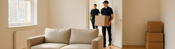 Professional movers clearing furniture from a sunny, pristine Southwark apartment during end-of-tenancy clearance.