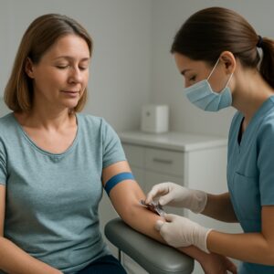 Nurse drawing blood from patient for iron deficiency test in Chelmsford clinic