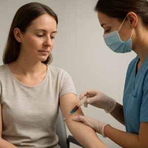 Nurse drawing blood from calm patient for iron deficiency test in Chelmsford clinic