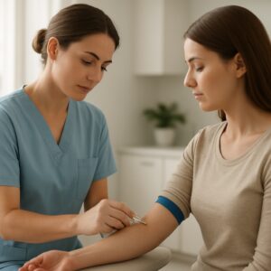 Nurse drawing blood for iron deficiency test in serene Chelmsford clinic