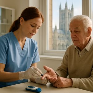 Nurse performing finger-prick diabetes blood test on elderly patient in sunlit Canterbury clinic