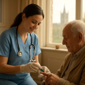 Nurse performing diabetes finger prick test on elderly patient in cozy Canterbury clinic