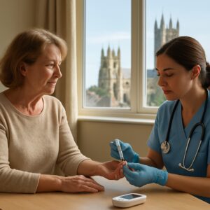 Canterbury resident receiving diabetes blood test in sunlit clinic with cathedral spires view