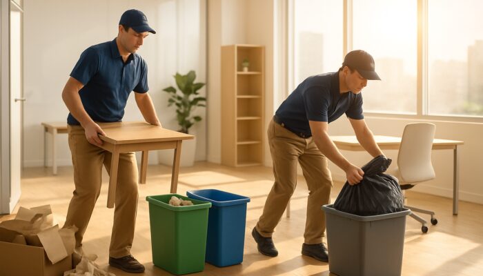 Professional movers clearing cluttered Bexley office into eco bins, revealing sunlit modern workspace.