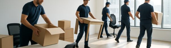 Professional movers clearing cluttered Bexley office, hauling desks, chairs and boxes into sunlight.