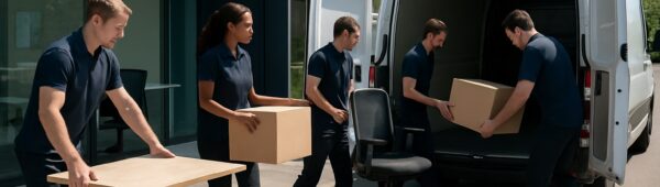 Professional team clearing Bexley office desks and chairs into van in bright daylight