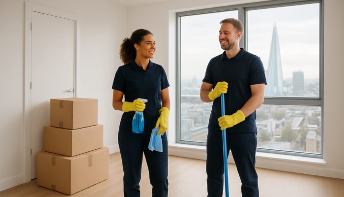 Pristine empty Southwark flat after hassle-free tenancy clearance with smiling cleaners and Shard view.
