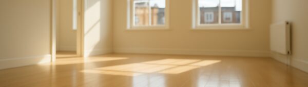 Pristine empty Southwark flat with gleaming floors in soft London sunlight after tenancy clearance.