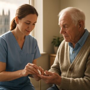 Nurse performs finger-prick diabetes blood test on elderly Canterbury patient in sunlit clinic with cathedral view