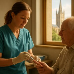 Nurse performs finger-prick diabetes blood test on Canterbury patient with cathedral spire view