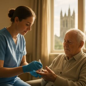 Nurse performs finger-prick diabetes blood test on elderly patient in sunlit Canterbury clinic with cathedral view