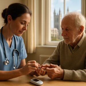Nurse giving finger-prick diabetes blood test to elderly patient in sunlit Canterbury clinic with cathedral view.