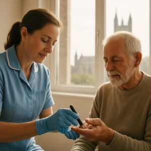 Nurse performs finger-prick diabetes blood test on patient in sunlit Canterbury clinic with cathedral view