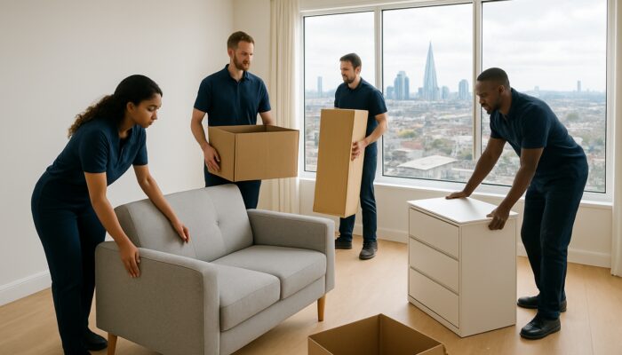 Professional team clearing furniture from bright Southwark apartment with London skyline views for end-of-tenancy clearance