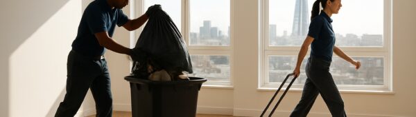 Professional cleaners clearing cluttered Southwark flat into pristine empty space with Shard visible in sunlight.
