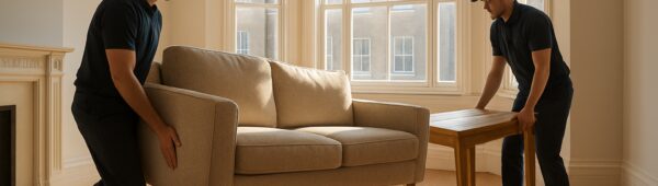 Professional movers clearing furniture from sunny empty Victorian flat in Southwark for end of tenancy clearance.