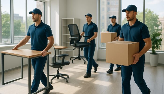 Professional movers clearing desks, chairs, and boxes from a bright modern Kingston office.