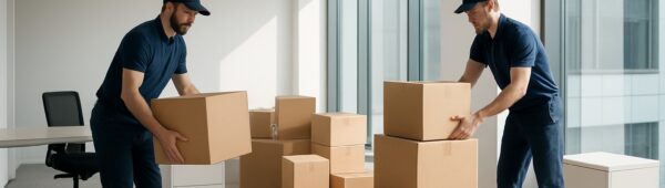 Professional movers clearing Kingston office, stacking boxes in bright sunlight for efficient transformation.