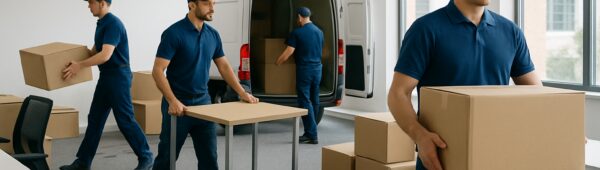 Professional team clearing cluttered Kingston office, loading desks and boxes into vans for efficient clearance.