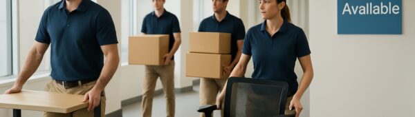 Team clearing office desks, chairs and boxes in Kingston with Expert Help Available signage.