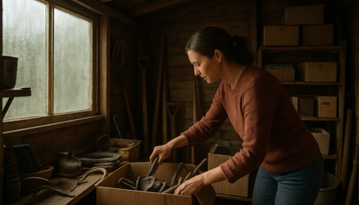 Person sorting tools in cluttered UK garden shed on a budget with natural light