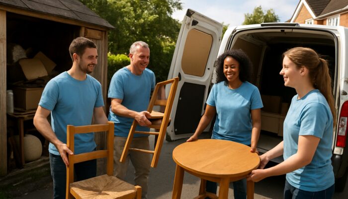 Charity volunteers loading donated furniture from cluttered shed onto van in sunny UK suburb