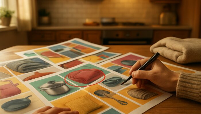 Hands circling deals on weekly flyers for charity donation of household items in cozy kitchen