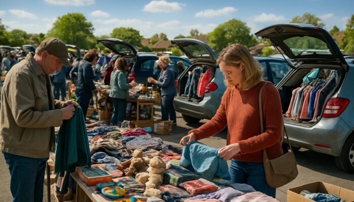 Bustling British car boot sale with open trunks of second-hand clothes, toys and goods under sunny skies.