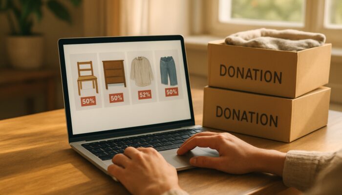 Person browsing eBay on laptop for clearance furniture and clothes to donate, with donation boxes nearby