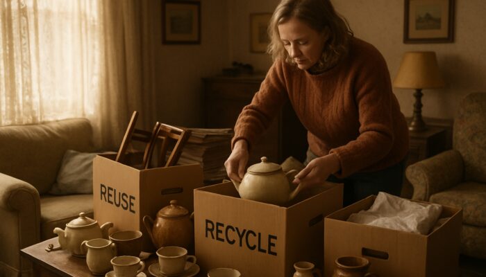 Homeowner sorting vintage clutter into labeled reuse and recycle piles in cozy British living room