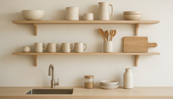 Minimalist kitchen open shelves displaying mugs and utensils grouped by daily use frequency