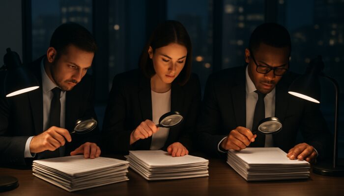 Professionals review organized legal documents with magnifying glasses in a sleek London office.