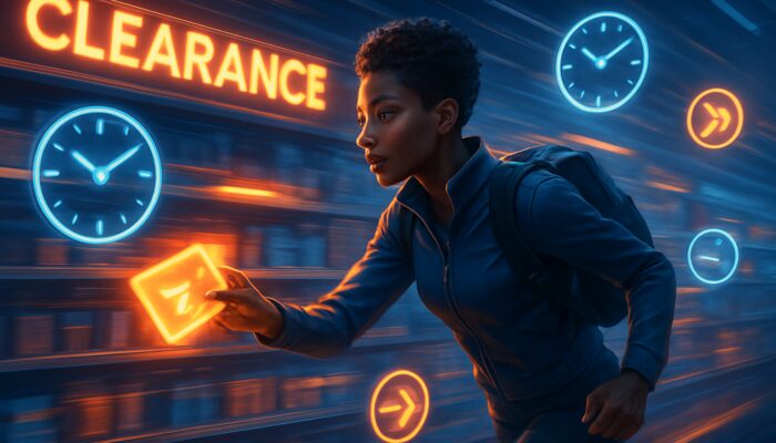 Futuristic shopper grabbing glowing discounts in vibrant clearance aisle with floating clocks and icons