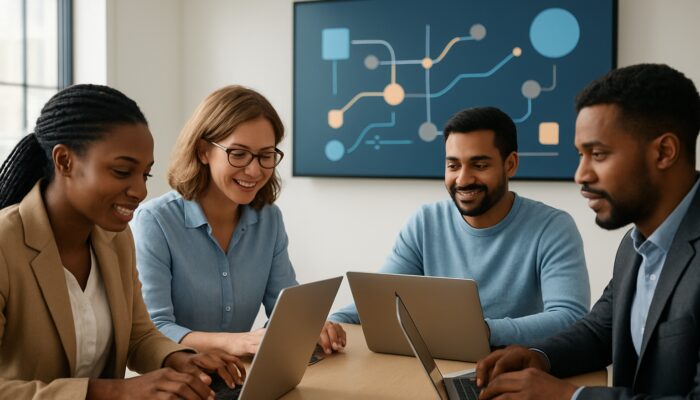 Diverse team using laptops and digital tools in hands-on modern office workshop