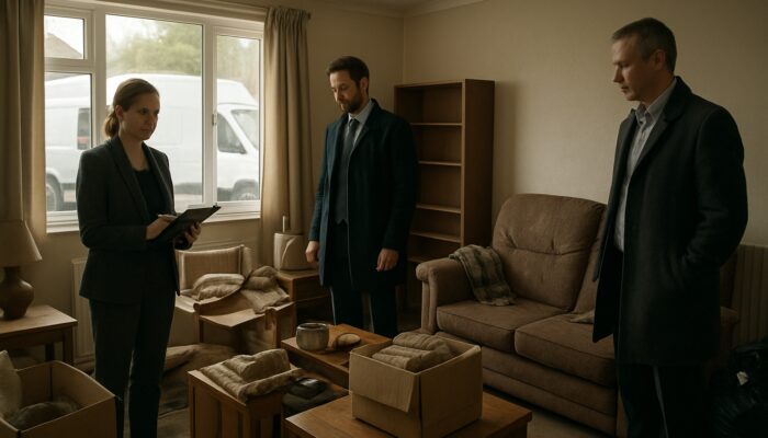 UK bereavement house clearance assessors reviewing cluttered contents in three-bedroom property with removal vans outside.