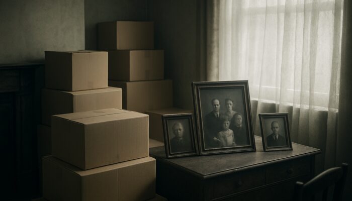 Victorian UK house interior with stacked boxes and faded photos during bereavement house clearance.