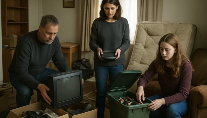 British family sorting hazardous electronics and furniture in UK bereavement house clearance under council waste rules.