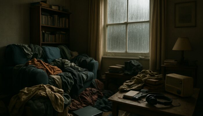 Cluttered UK flat piled with outdated clothes, gadgets and books on a rainy gloomy day