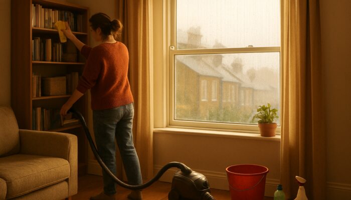 Person decluttering and vacuuming cozy UK flat in soft autumn light with cleaning supplies