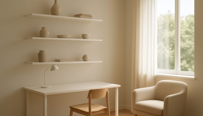 Serene sunlit minimalist flat with neat shelves, spotless desk, and cozy armchair by window