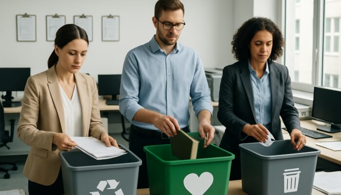 UK office workers sorting desks computers into recycling donation disposal zones for clearance