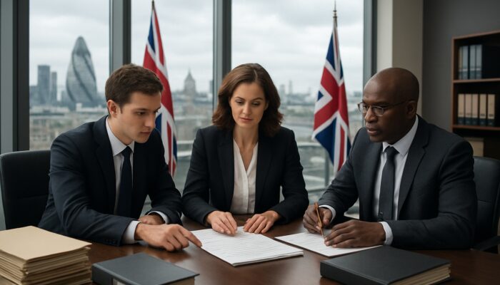 UK solicitors advising executives on compliant office clearance documents in sleek London office with skyline view.