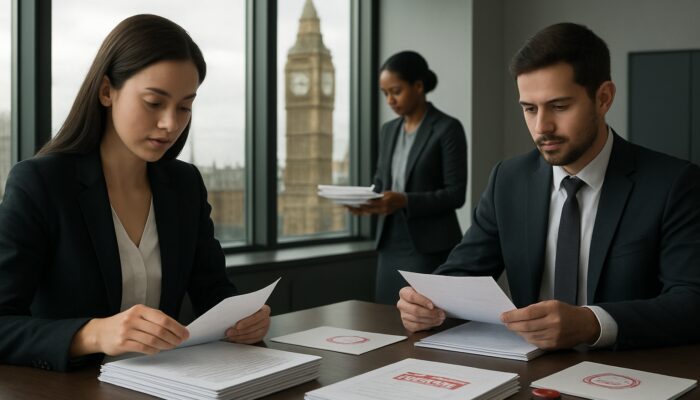 Workers sorting documents in sleek London office with Big Ben view and stamped UK permits.