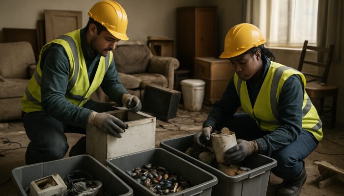 Workers sorting appliances, batteries, and hazardous paint cans into bins during UK house clearance.
