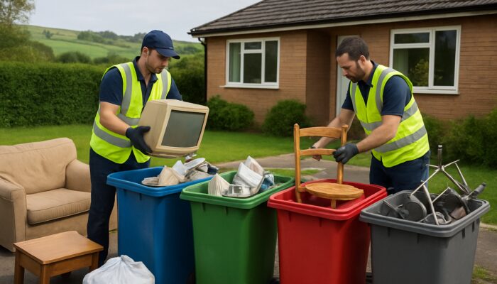 Workers sorting furniture and waste into UK recycling bins during house clearance with countryside backdrop